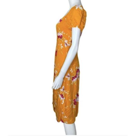 Lulus M Yellow Midi Dress Floral Front Slit Back Zip Feminine Quaint Puffed Chic - Picture 6 of 8